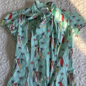 Mint Green Cat Print Bow Button Down Shirt